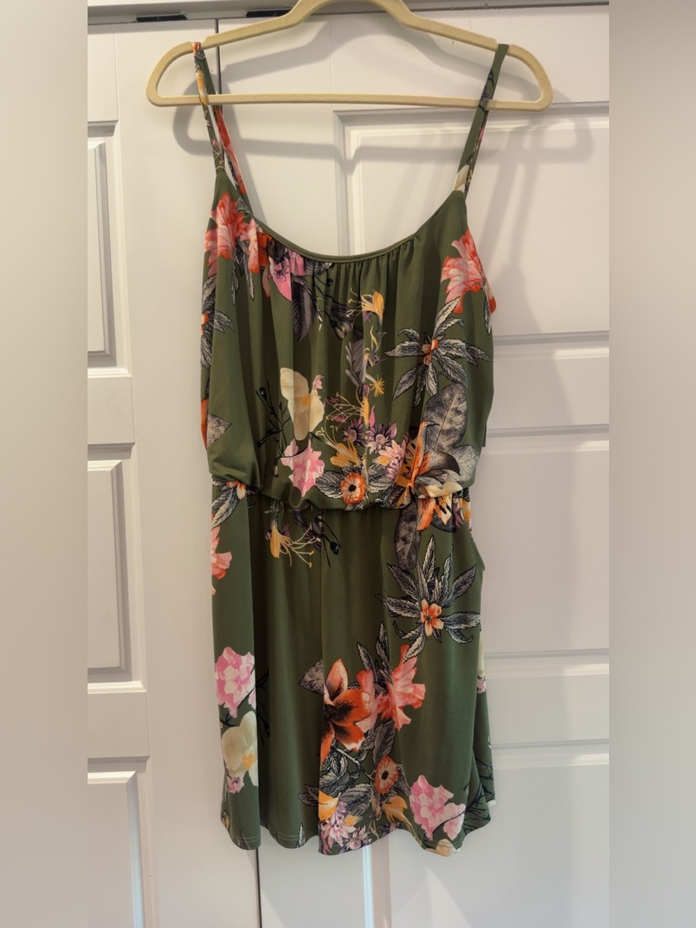 Olive Green Floral Spaghetti-Strap Romper